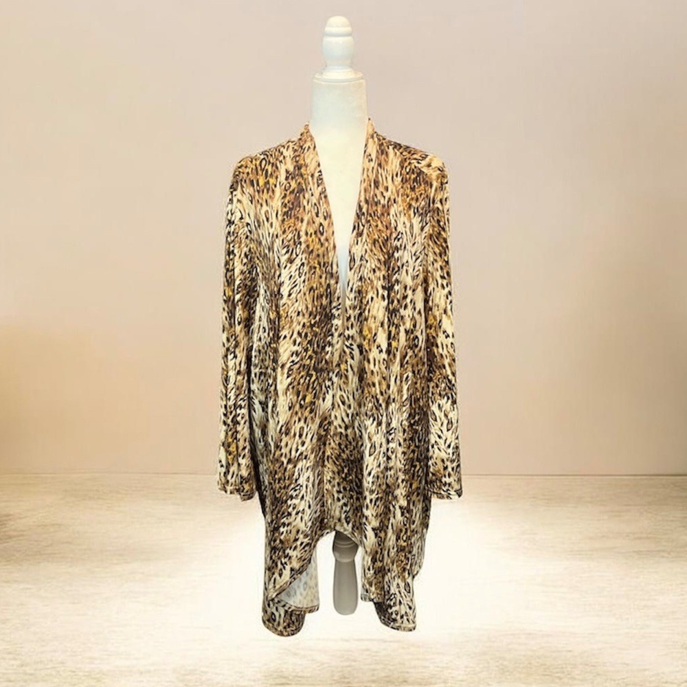 Added Dimensions Cardigan Plus Size  3X Brown Leopard Print Open Front